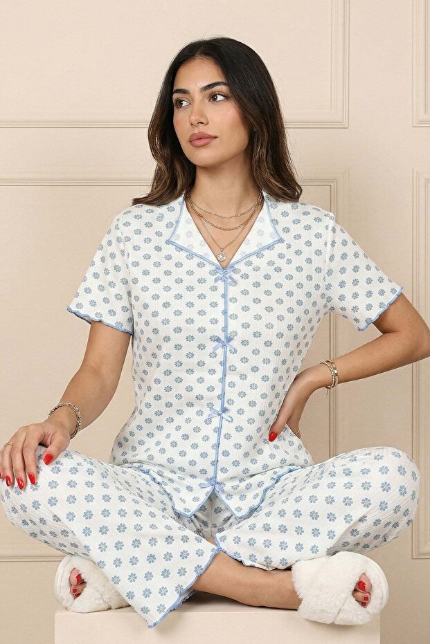 Women's Floral Patterned Ribbed V-Neck Short Sleeve Under-Long Camisole Pajama Set