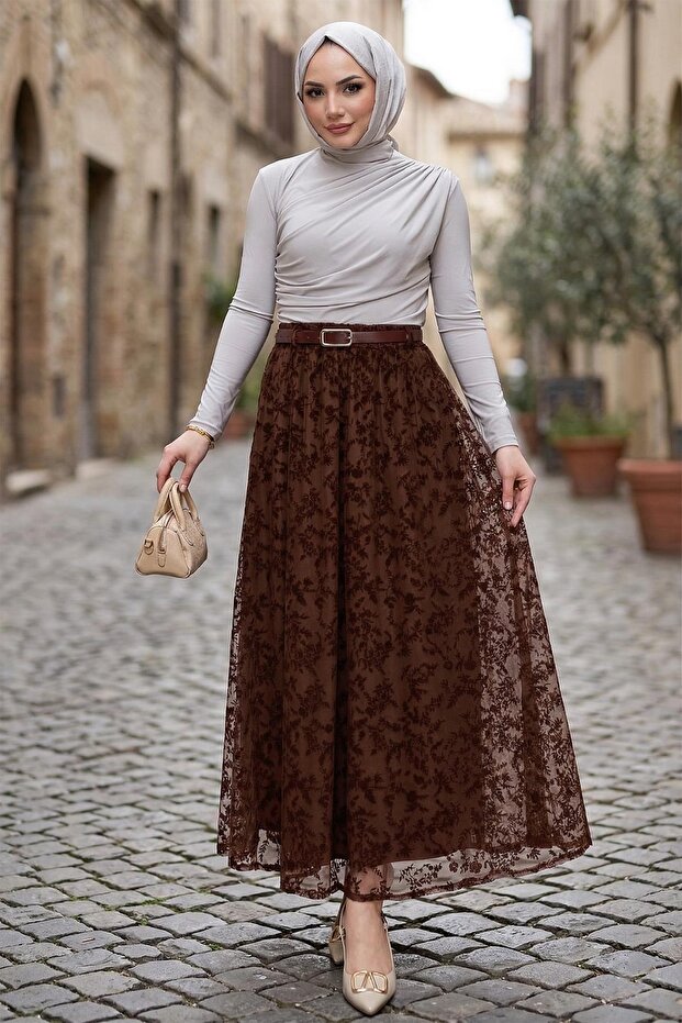 Lined Belted Floral Patterned Tulle Skirt Brown Hm2877