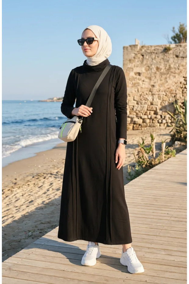 Plus Size Piping Detailed Sports Dress 12027-01 Black