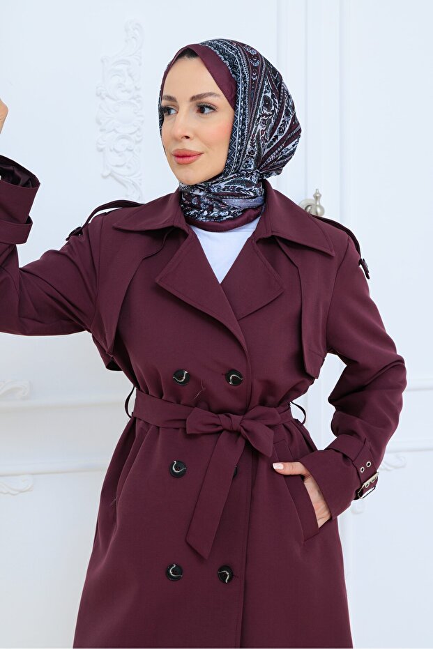 Stylish Detailed Belted Buttoned Trench Coat Plum