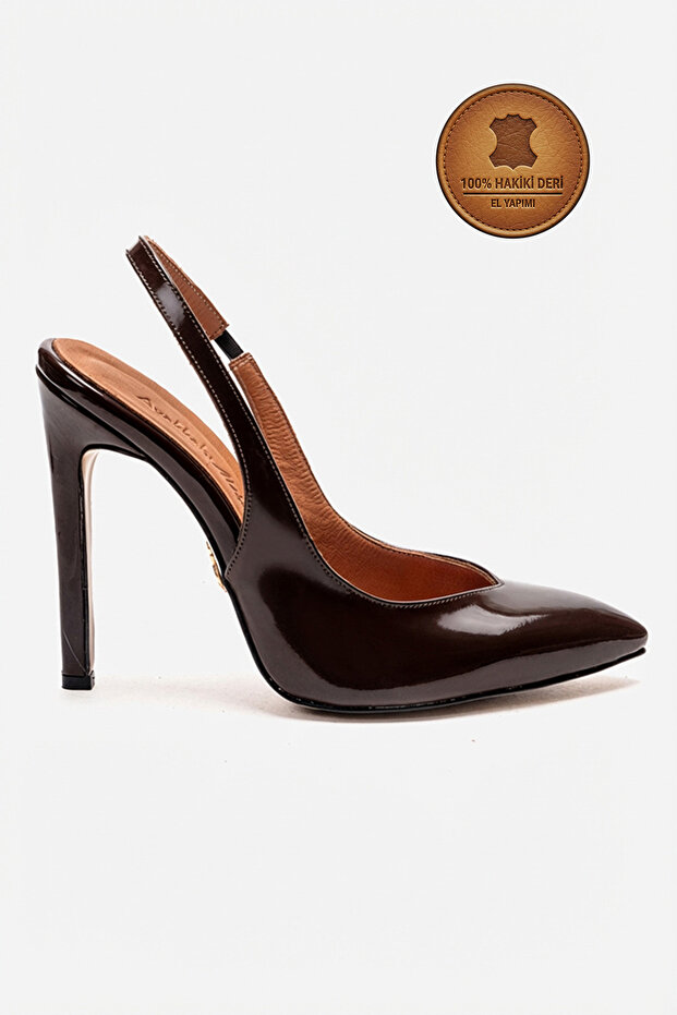 Genuine Leather Brown Patent Leather Pointed Toe Flat Sole Stiletto High Heel Shoes Nova