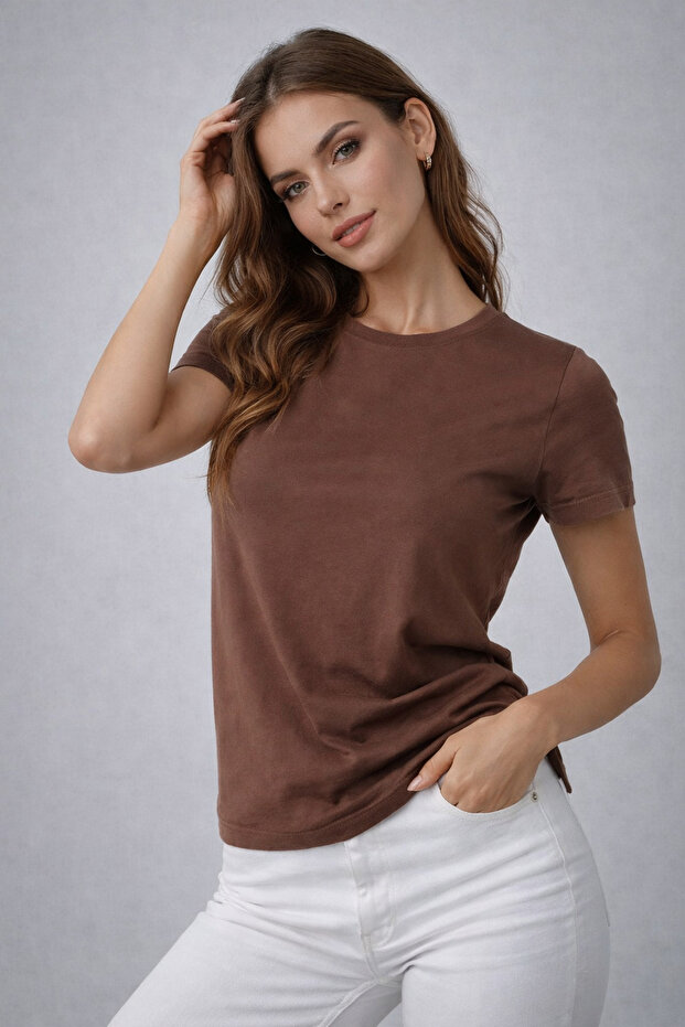 Women's Brown Viscose Short Sleeve Crew Neck T-Shirt