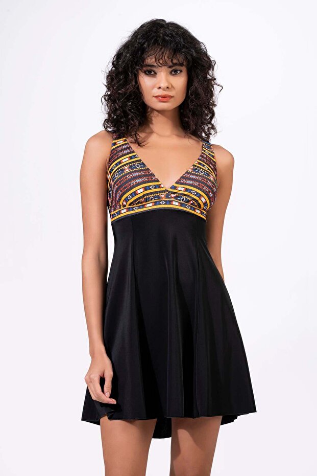 Women's Ethnic Patterned Special Textured Fabric Skirted Dress Swimsuit
