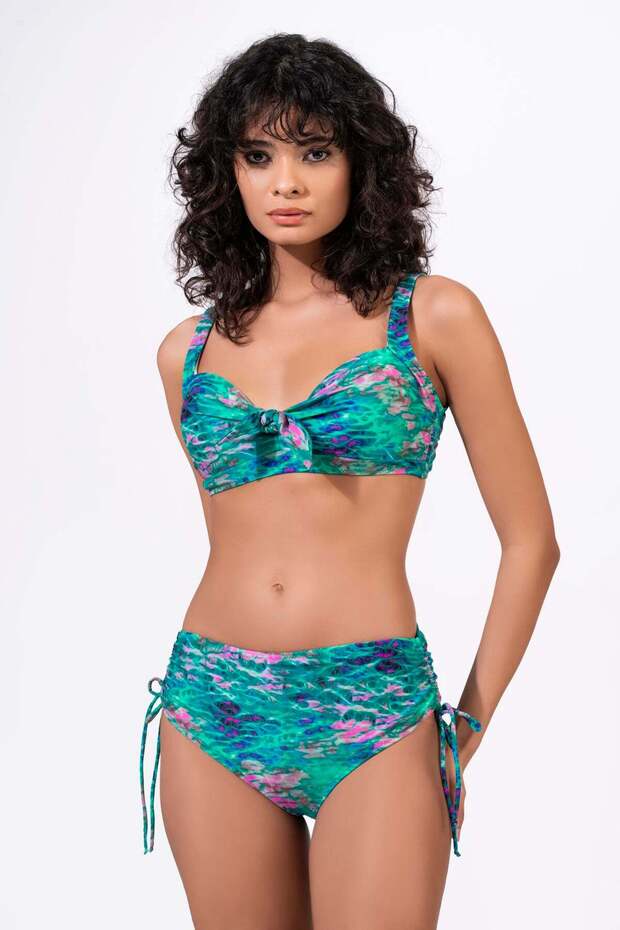 Women's Plus Size Underwire Supported Green Blue Patterned Bikini Set
