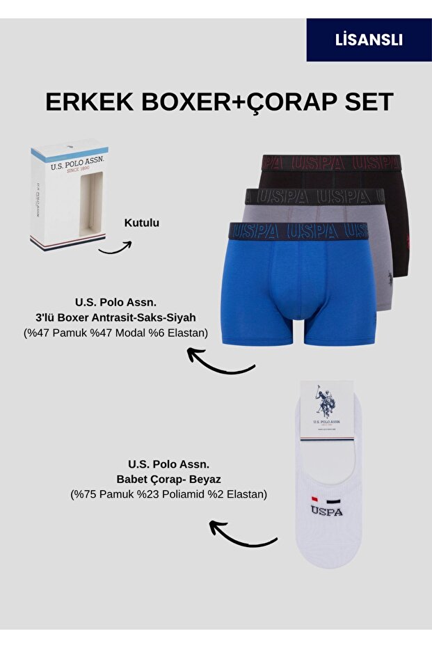 Men'S, Licensed, Uspa, Waist Printed 3-Piece Boxer + Socks Set (Boxed)