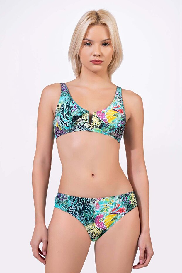 Women's U Detailed Patterned Gathering Bikini Set