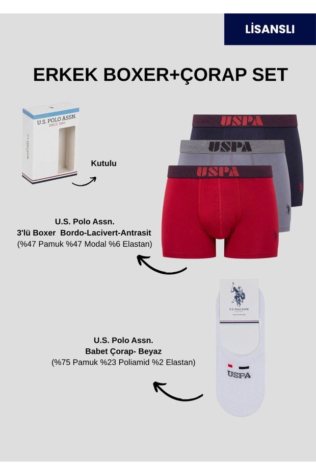 Men'S, Licensed, Uspa, Waist Printed 3-Piece Boxer + Socks Set (Boxed)