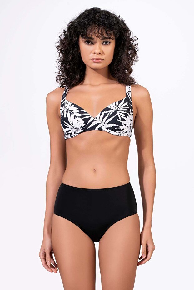Women's Floral Patterned Gathering Black Bikini Set
