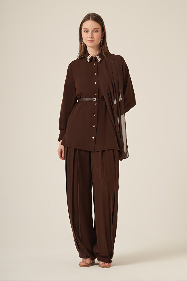 Women's Chiffon Detailed Trouser Suit Brown 31314