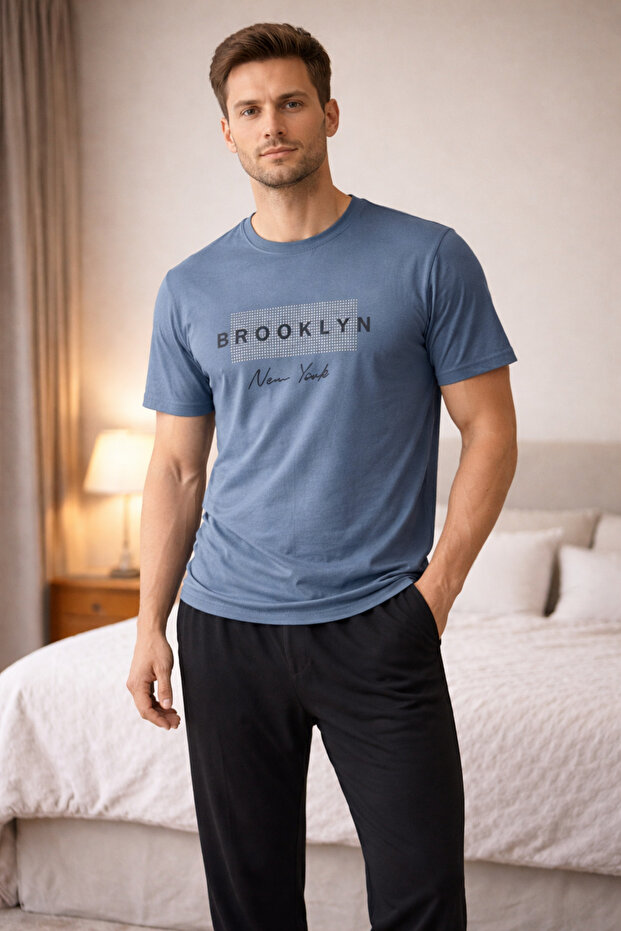Men's Pajama Set Brooklyn Printed Short Sleeve Top Long Bottom Cotton Comfortable Home Wear