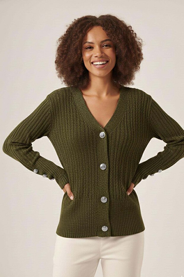 Women's Silvery Hair Knitted V-Neck Cardigan Khaki 25265