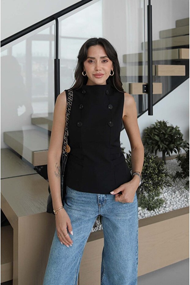 Black Double Buttoned Blouse with Adjustable Belt