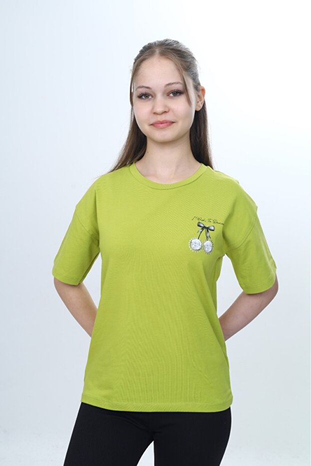 Girl's Crew Neck Drop Shoulder Short Sleeve Printed T-Shirt 24973