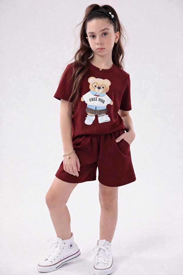 Girl's Teddy Bear Printed Shorts Set – 100% Cotton Summer Comfortable Cut Basic T-Shirt & Shorts Set