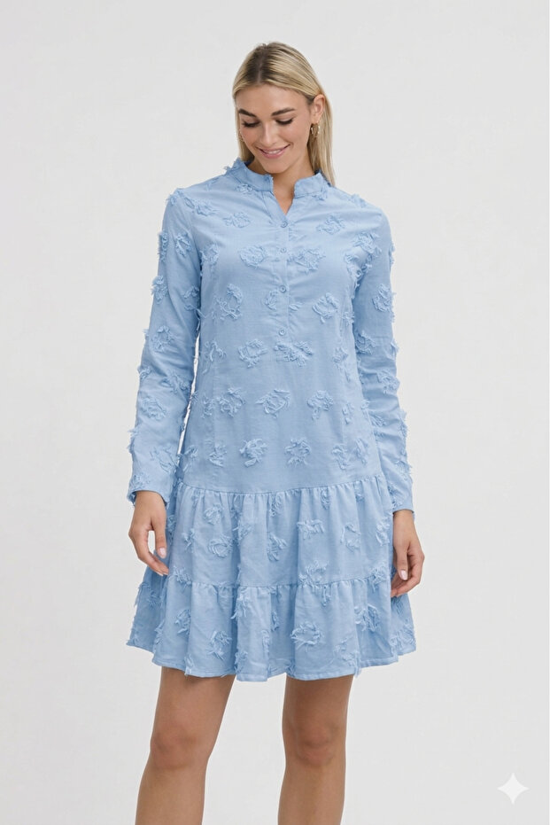 Linen Dress-Linen Patterned Long Sleeve Dress-Linen Diamond Pattern Tassel Dress - 3600