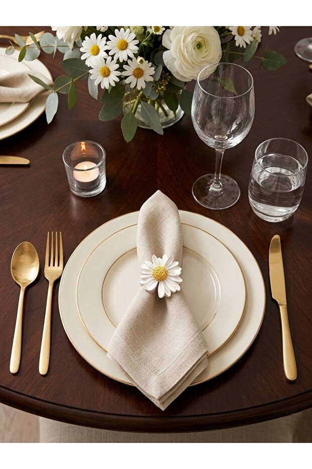 Daisy Figured Napkin Ring Concrete Handmade Stylish Tableware Presentation Set of 6 Napkin Buckles with Bamboo Ring
