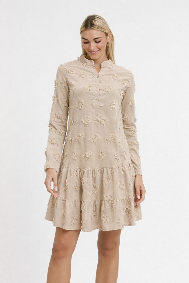 Linen Dress-Linen Patterned Long Sleeve Dress-Linen Diamond Pattern Tassel Dress - 3600