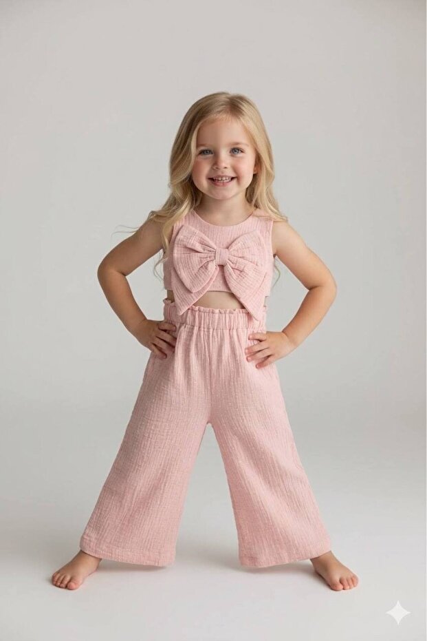 Bow Detailed Trousers Blouse Girls Pink Set