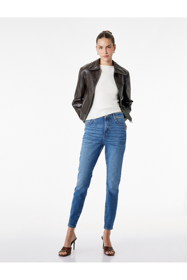 High Waist Cotton Buttoned Skinny Denim Trousers - Skinny Push up Fit Jean
