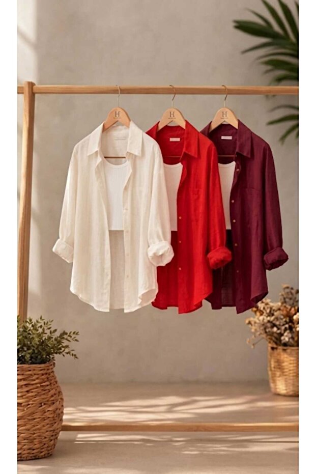 3-Pack White Red Burgundy Oversized Linen Textured 100% Cotton Single Pocket Casual Shirt
