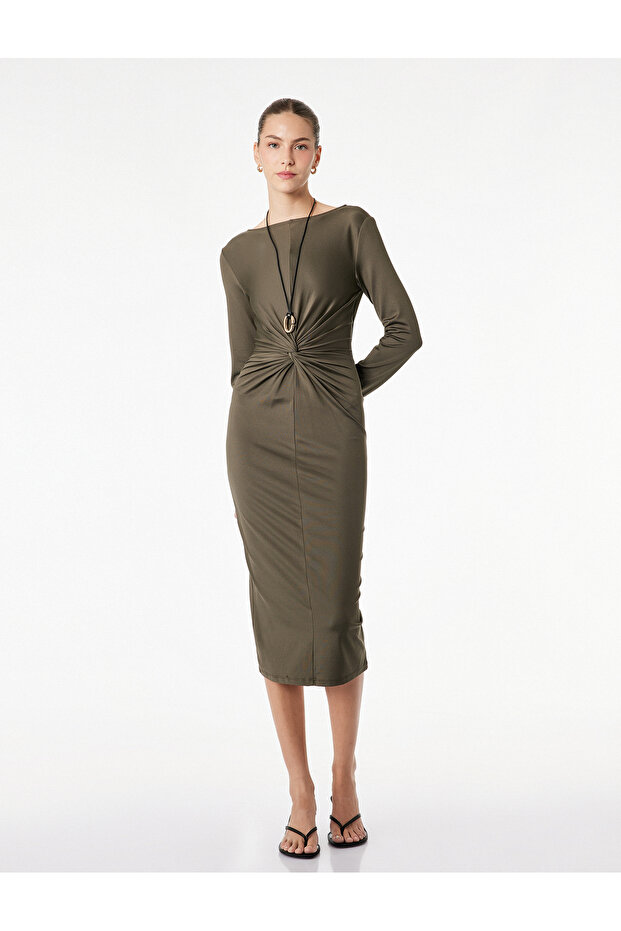 Long Sleeve Round Neck Midi Length Dress with Draped Detail