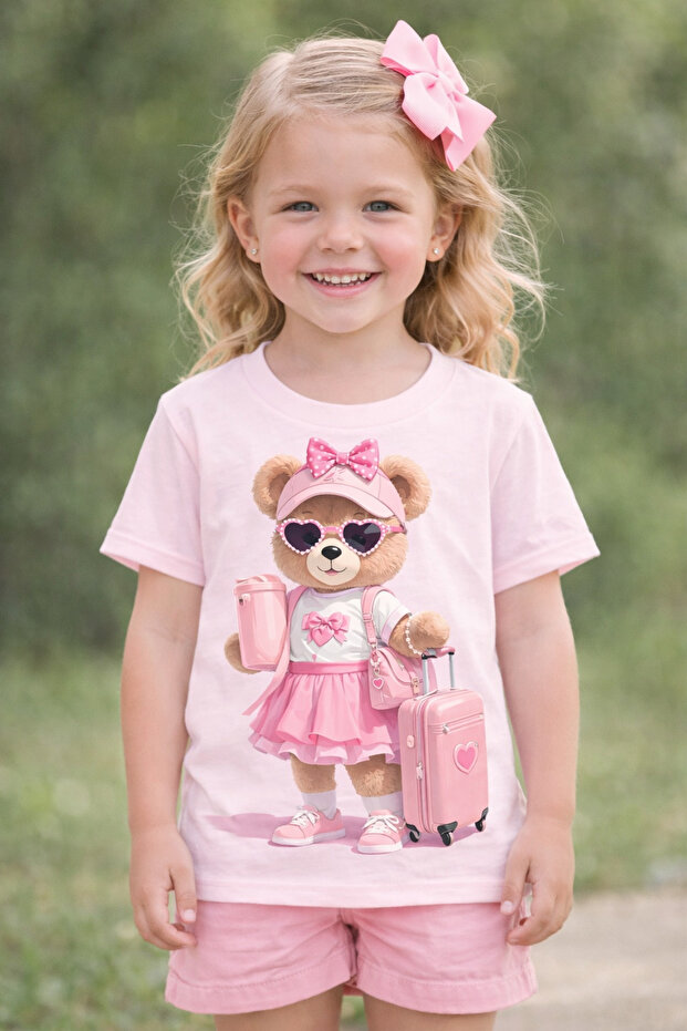 100% Cotton Children's T-Shirt with Sweet Suitcase and Teddy Bear Design