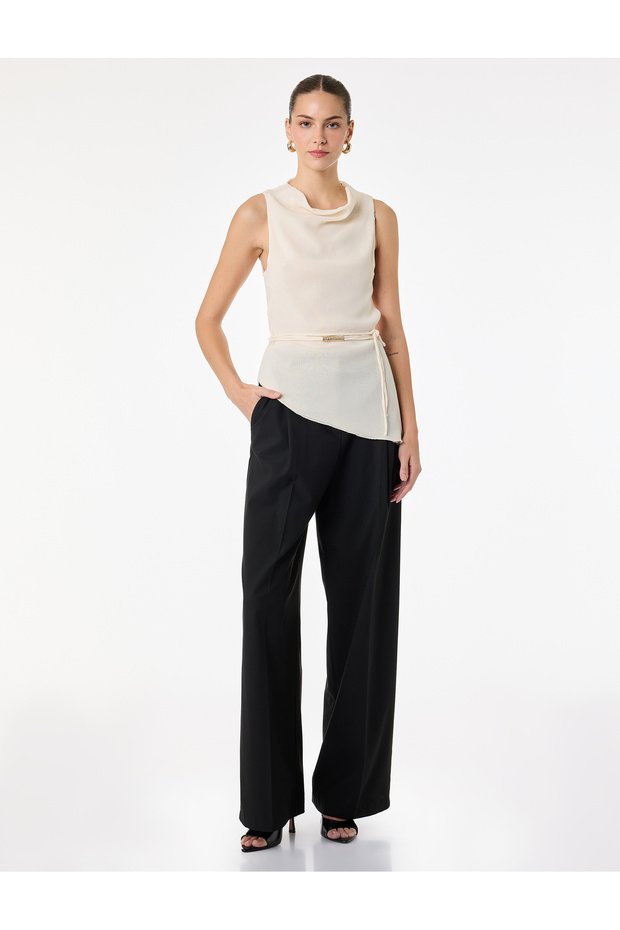 Belt Detailed Sleeveless Asymmetrical Degaje Collar Blouse with Metal Accessories