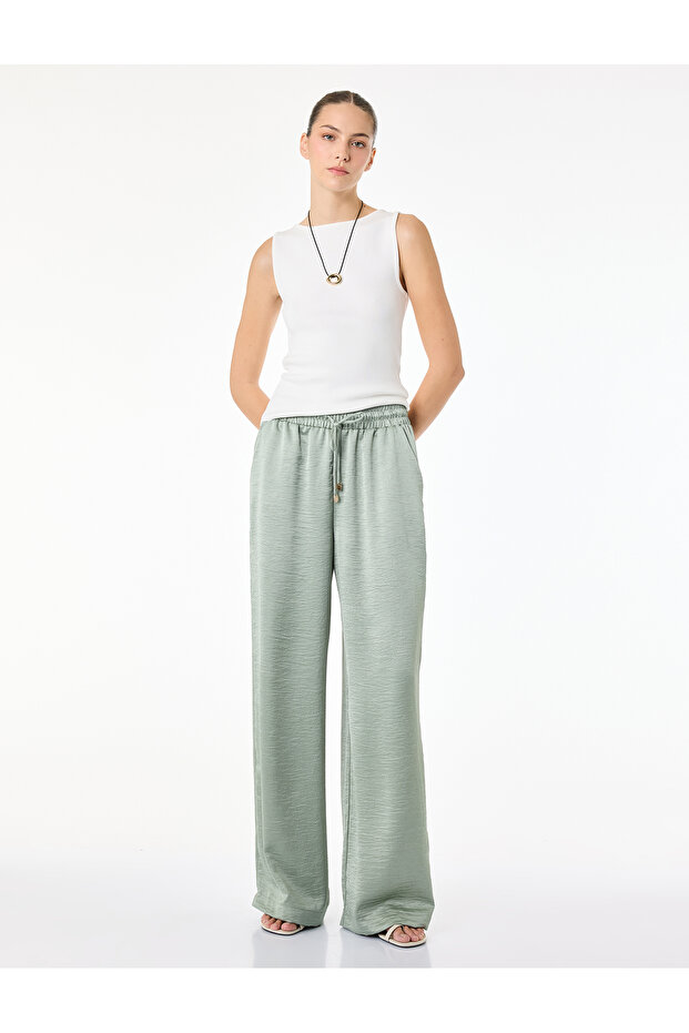 Elastic Waist, Tie-Up, Pocketed, Straight Wide Leg, Textured Satin Trousers