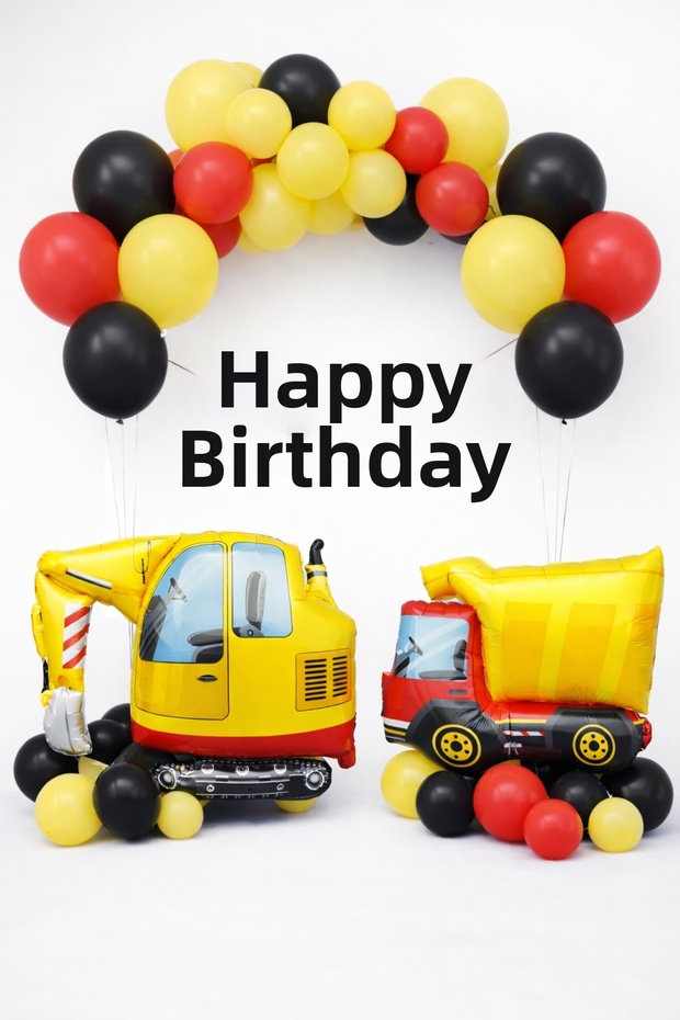 Construction Themed Birthday Balloon Set Black Banner Dump Truck Red Yellow Black Party Decor