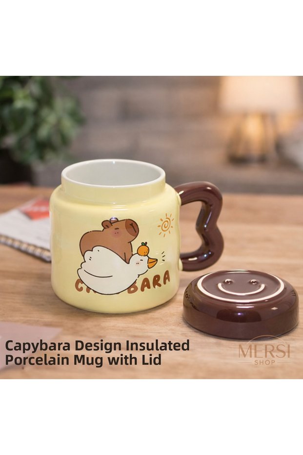 Capybara Design Porcelain Mug with Lid – Heat-Resistant Cute Mug