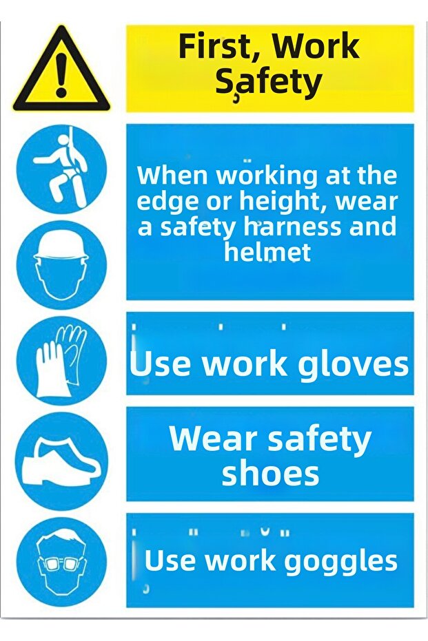 Safety Warning Sticker Set 22X30 cm – Safety at Work First, Hard Hat, Gloves