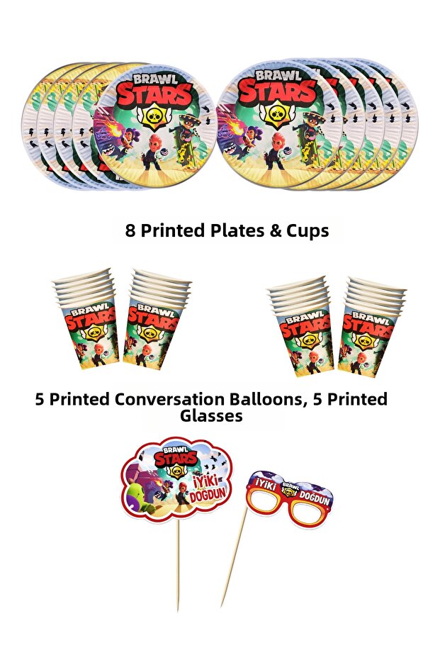 Brawl Stars 8-Person Plate, Cup & 5 Speech Bubbles & Glasses Cake Topper Party Set