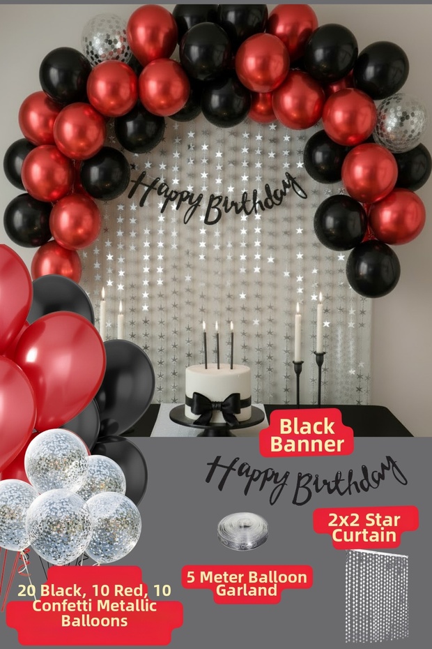 Black Happy Birthday Banner Balloon Set Backdrop Black Red Confetti Balloon Birthday Party