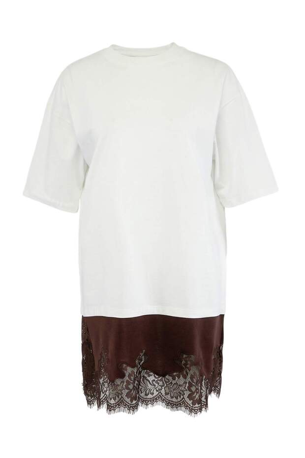 Limited Edition Ekru T-Shirt Elbise Düşük Kol Kısa Kollu Tok %100 Pamuk Örme Elbise TWOSS26EL00412 - 5