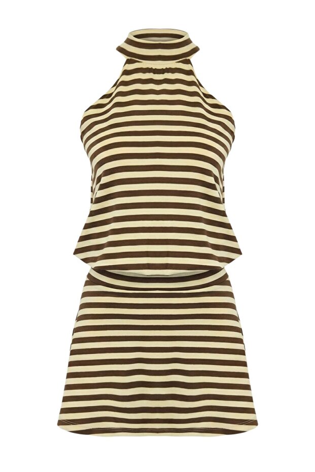 Çok Renkli Çizgili Belden Açılan Halter Yaka Kolsuz Mini Yumuşak Örme Elbise TWOSS26EL00254 - 6