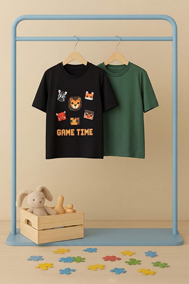 Siyah-Yeşil 2'li Slogan Örme T-Shirt TKDSS26TS00026 - 5