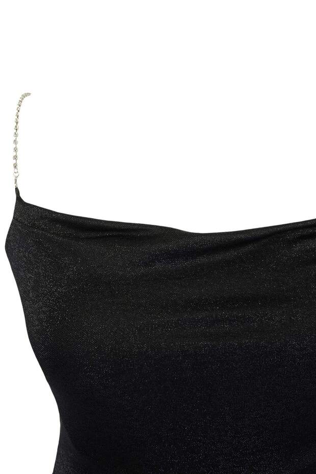 Siyah Astarlı Parıltılı Örme Uzun Şık Büyük Beden Abiye Gece Mezuniyet Elbisesi TBBSS26AH00155 - 5