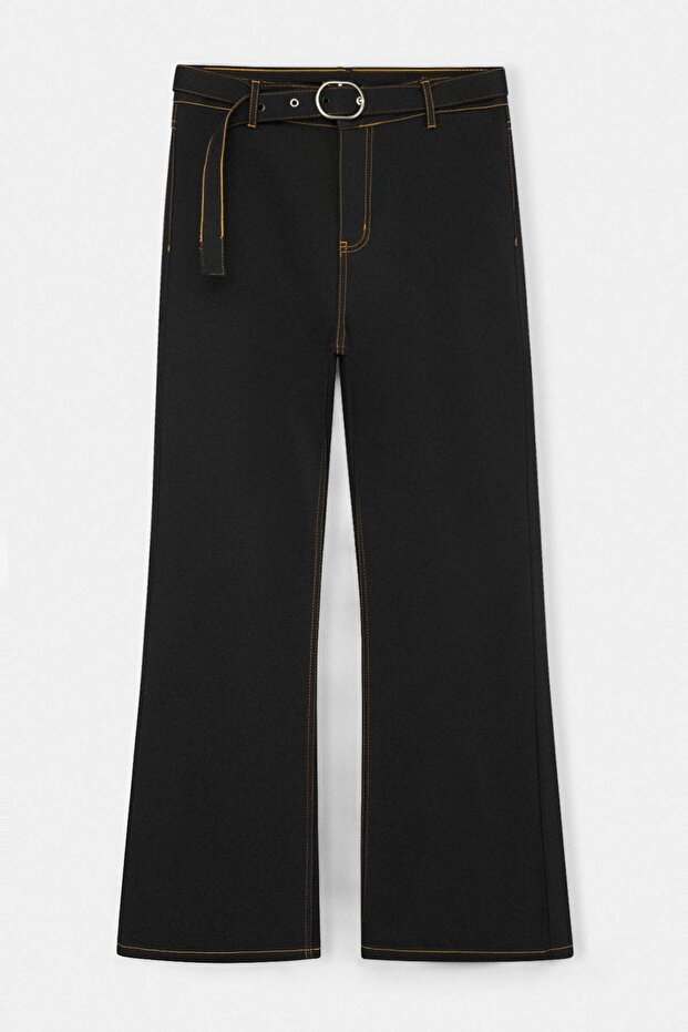 Solmayan Siyah Yüksek Bel Kemerli İspanyol Paça Esnek Flare Fit Büyük Beden Jeans TBBSS26CJ00039 - 7