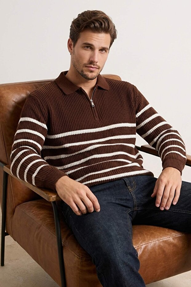 Kahverengi Oversize Polo Yaka Çizgili Kazak TMNAW24KZ00018