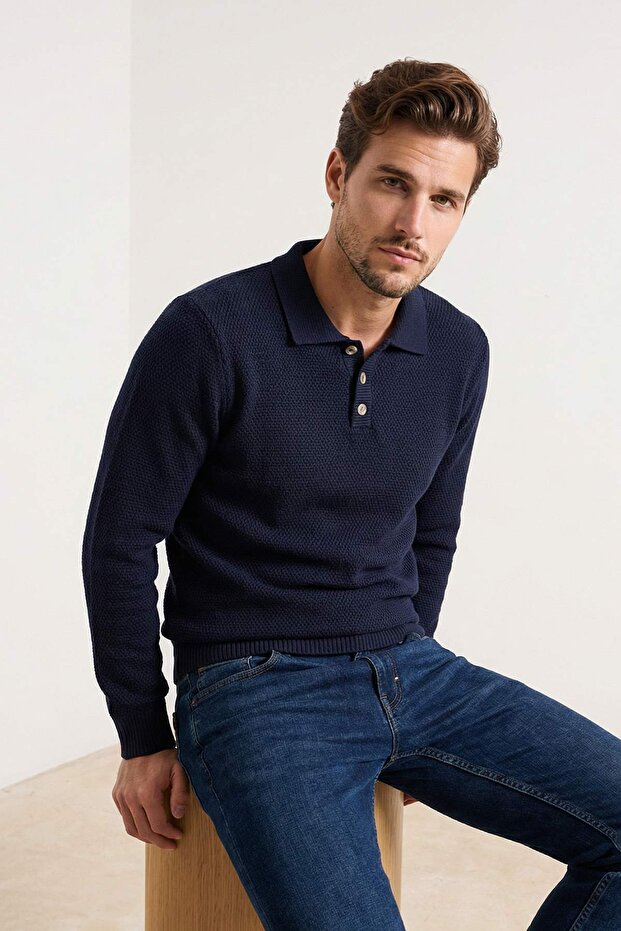 Lacivert Regular Polo Yaka Düğmeli Düz Kazak TMNAW26KZ00010 - 1