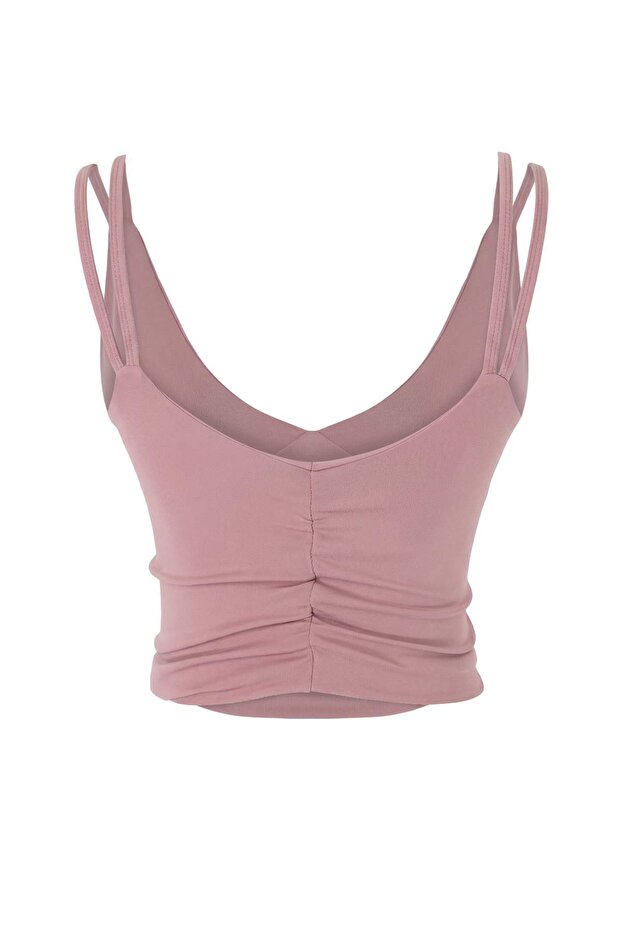 Gül Kurusu Destekli/Şekillendirici Çift İp Askılı V Yaka Örme Spor Sütyeni TWOAW23SS00041 - 6