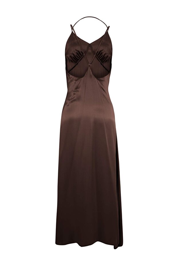 Trendyol Studio Kahverengi Saten Maxi Dokuma Elbise TWOSS26EL00386 - 7