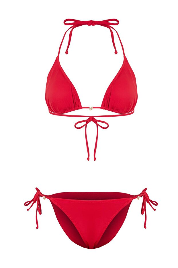 Kırmızı Aksesuarlı Üçgen Kaplı Brazilian Düşük Bel Bikini Takımı TBESS25BT00055 - 3