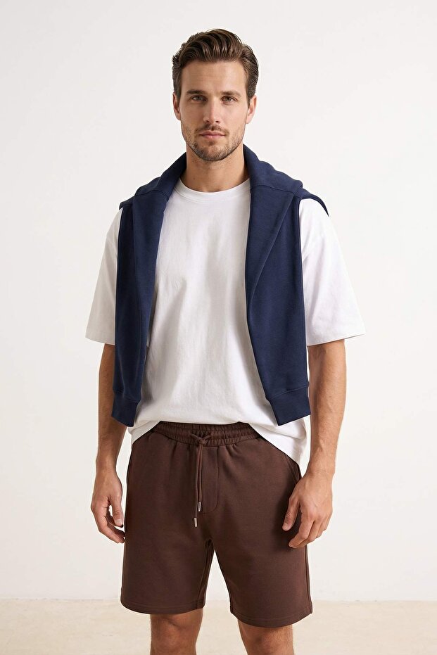 Kahverengi Basic Oversize/Geniş Kesim Lastik Belli Bağcıklı Şort TMNSS22SR0257 - 2