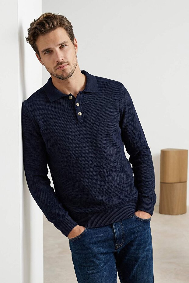 Lacivert Regular Polo Yaka Düğmeli Düz Kazak TMNAW26KZ00010 - 2
