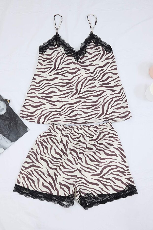 Ekru-Kahverengi Zebra Desenli Dantel Detaylı Saten Dokuma Pijama Takımı THMSS26PT00188 - 4
