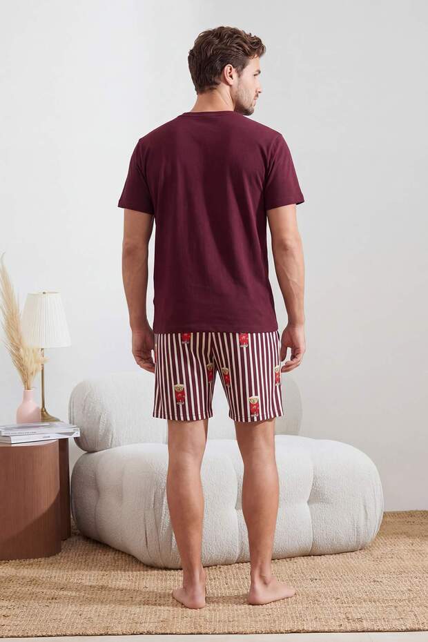 Unisex Bordo Regular Fit Ayıcık Baskılı Örme Şortlu Pijama Takımı TMNSS24PT00034 - 3