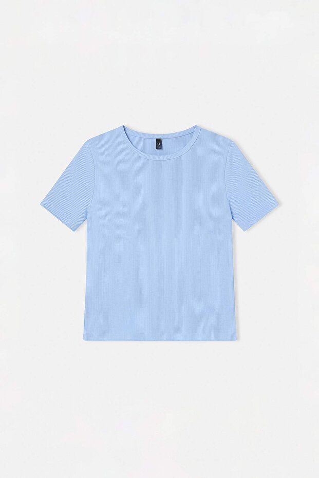 Mavi-Turuncu 2'li Kız Çocuk Pamuklu Crop Kısa Kol Örme T-Shirt TKDSS25TS00027 - 9