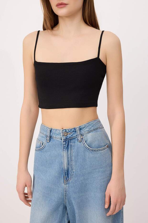 Siyah Fitted Süper Crop Askılı Straplez Kolsuz Pamuk Ribana Örme Atlet TWOSS26AL00044 - 3