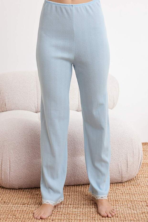 Pembe-Mavi %100 Pamuklu 2'li Paket Fitilli/Pointel Örme Pijama Altı THMSS26PJ00002 - 13